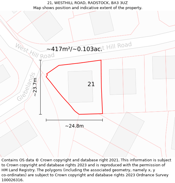 21, WESTHILL ROAD, RADSTOCK, BA3 3UZ: Plot and title map