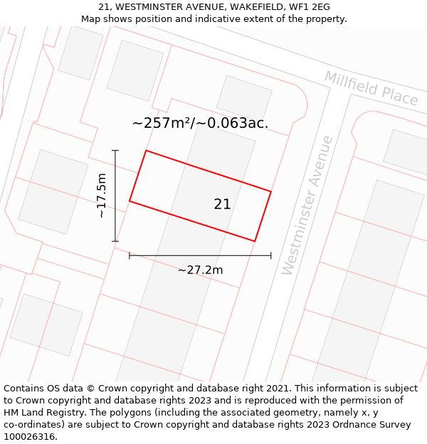 21, WESTMINSTER AVENUE, WAKEFIELD, WF1 2EG: Plot and title map