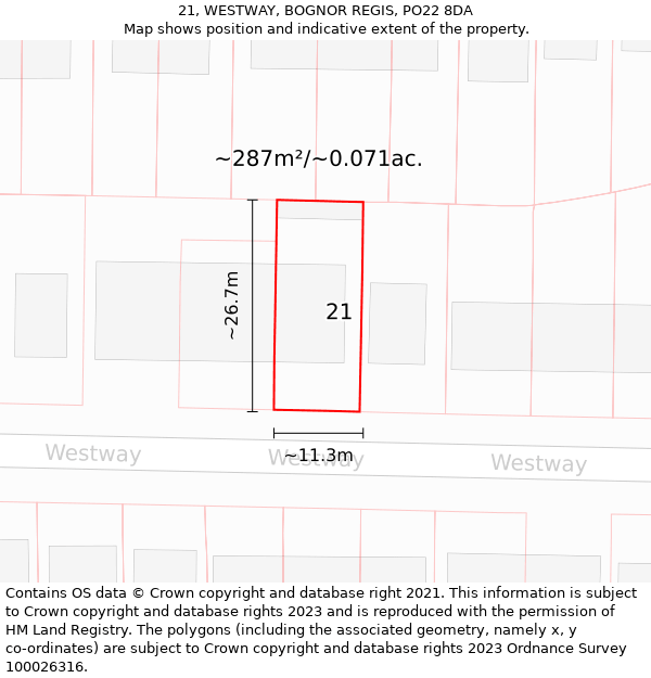 21, WESTWAY, BOGNOR REGIS, PO22 8DA: Plot and title map