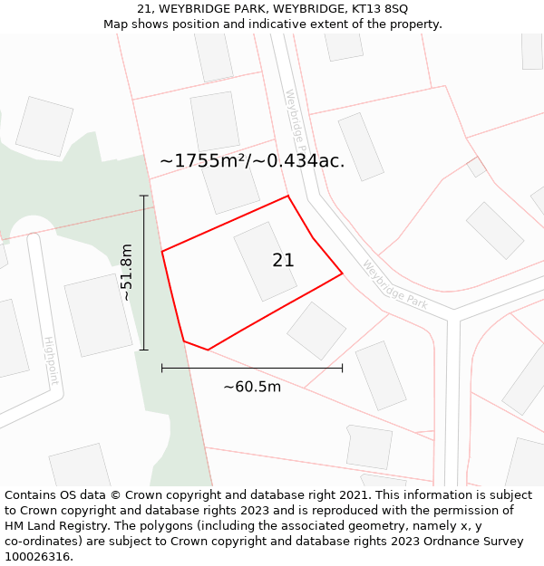 21, WEYBRIDGE PARK, WEYBRIDGE, KT13 8SQ: Plot and title map