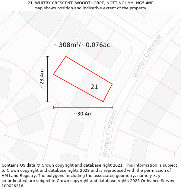 21, WHITBY CRESCENT, WOODTHORPE, NOTTINGHAM, NG5 4NE: Plot and title map