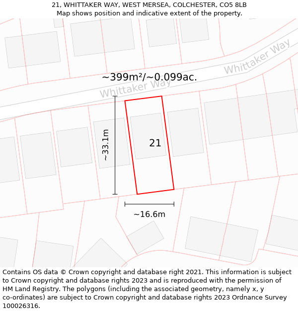 21, WHITTAKER WAY, WEST MERSEA, COLCHESTER, CO5 8LB: Plot and title map