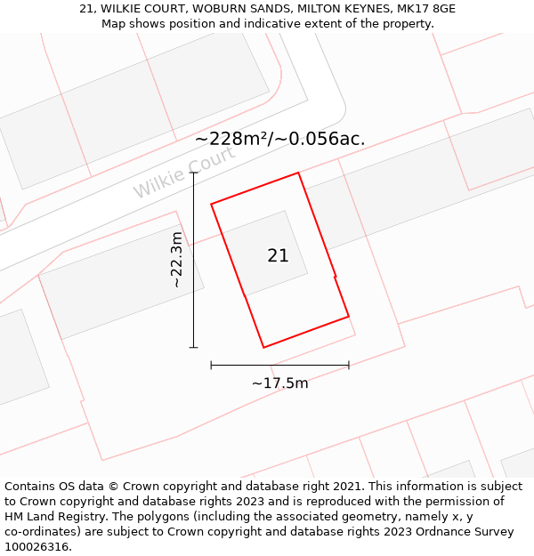 21, WILKIE COURT, WOBURN SANDS, MILTON KEYNES, MK17 8GE: Plot and title map