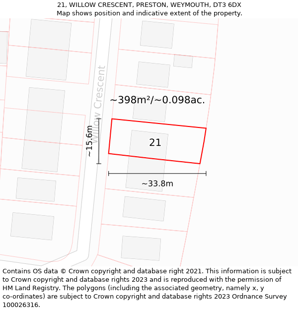 21, WILLOW CRESCENT, PRESTON, WEYMOUTH, DT3 6DX: Plot and title map