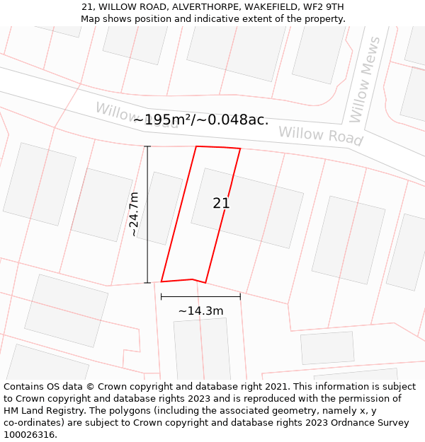 21, WILLOW ROAD, ALVERTHORPE, WAKEFIELD, WF2 9TH: Plot and title map