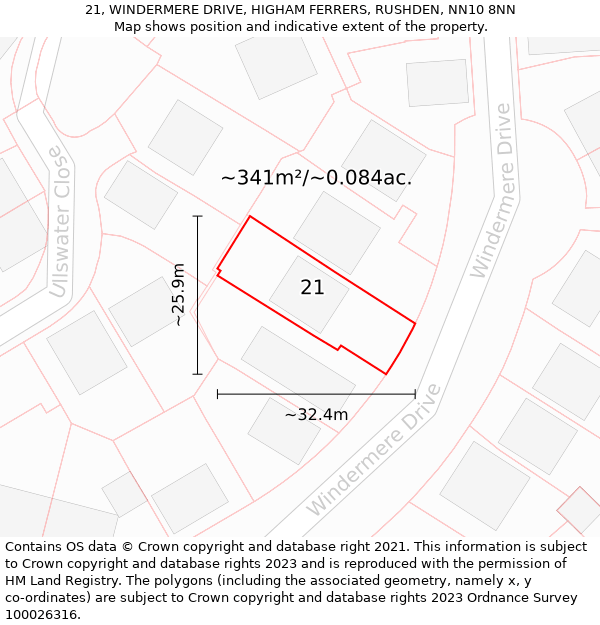 21, WINDERMERE DRIVE, HIGHAM FERRERS, RUSHDEN, NN10 8NN: Plot and title map