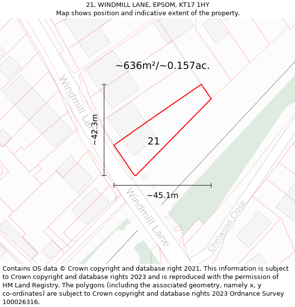 21, WINDMILL LANE, EPSOM, KT17 1HY: Plot and title map