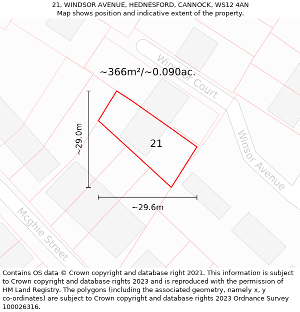 21, WINDSOR AVENUE, HEDNESFORD, CANNOCK, WS12 4AN: Plot and title map