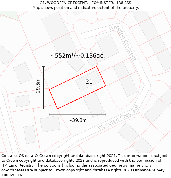 21, WOODFEN CRESCENT, LEOMINSTER, HR6 8SS: Plot and title map