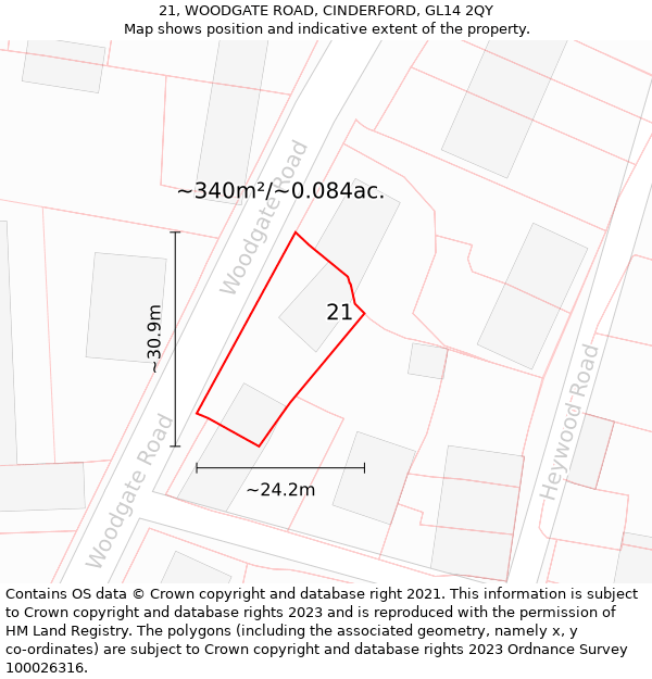 21, WOODGATE ROAD, CINDERFORD, GL14 2QY: Plot and title map