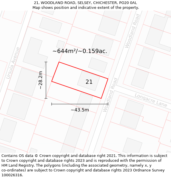 21, WOODLAND ROAD, SELSEY, CHICHESTER, PO20 0AL: Plot and title map