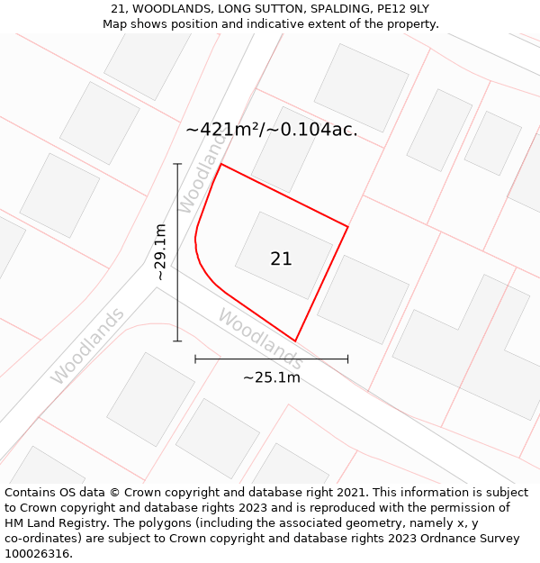 21, WOODLANDS, LONG SUTTON, SPALDING, PE12 9LY: Plot and title map