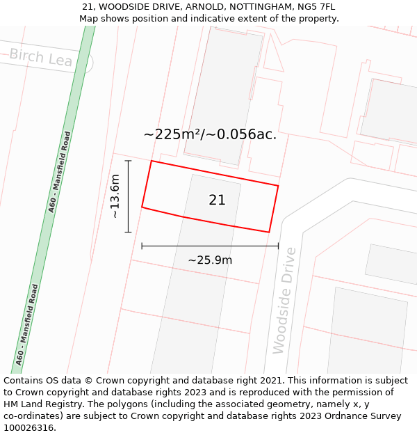 21, WOODSIDE DRIVE, ARNOLD, NOTTINGHAM, NG5 7FL: Plot and title map