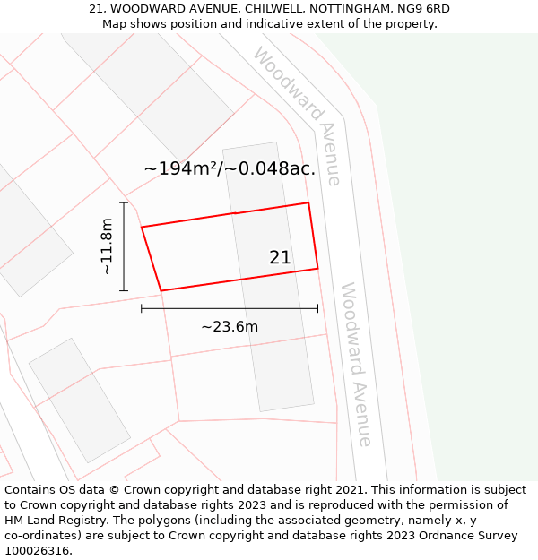 21, WOODWARD AVENUE, CHILWELL, NOTTINGHAM, NG9 6RD: Plot and title map