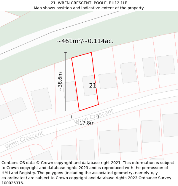 21, WREN CRESCENT, POOLE, BH12 1LB: Plot and title map