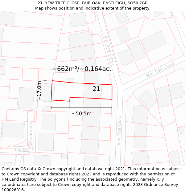 21, YEW TREE CLOSE, FAIR OAK, EASTLEIGH, SO50 7GP: Plot and title map