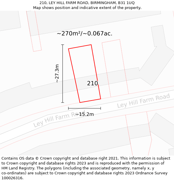 210, LEY HILL FARM ROAD, BIRMINGHAM, B31 1UQ: Plot and title map