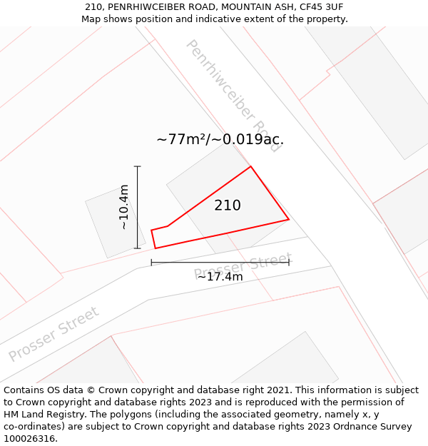 210, PENRHIWCEIBER ROAD, MOUNTAIN ASH, CF45 3UF: Plot and title map