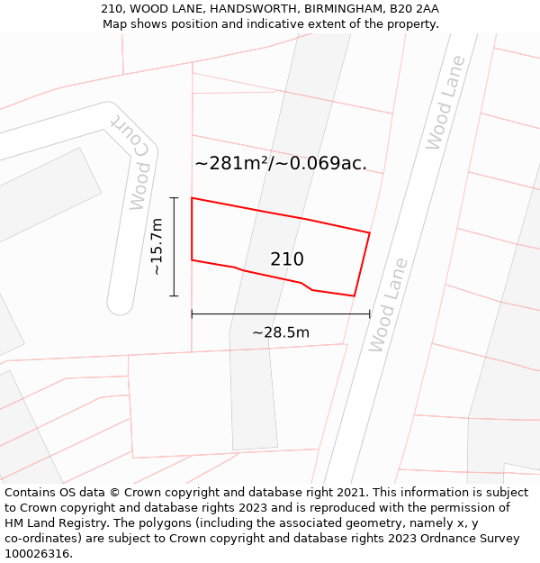 210, WOOD LANE, HANDSWORTH, BIRMINGHAM, B20 2AA: Plot and title map