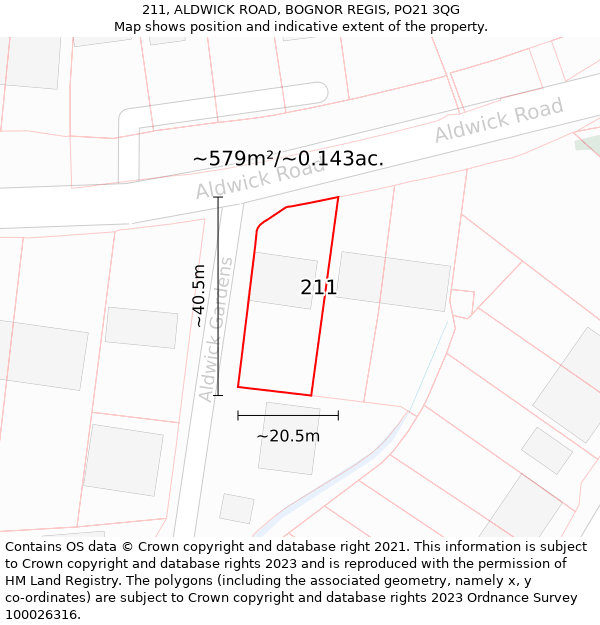 211, ALDWICK ROAD, BOGNOR REGIS, PO21 3QG: Plot and title map