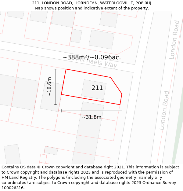 211, LONDON ROAD, HORNDEAN, WATERLOOVILLE, PO8 0HJ: Plot and title map