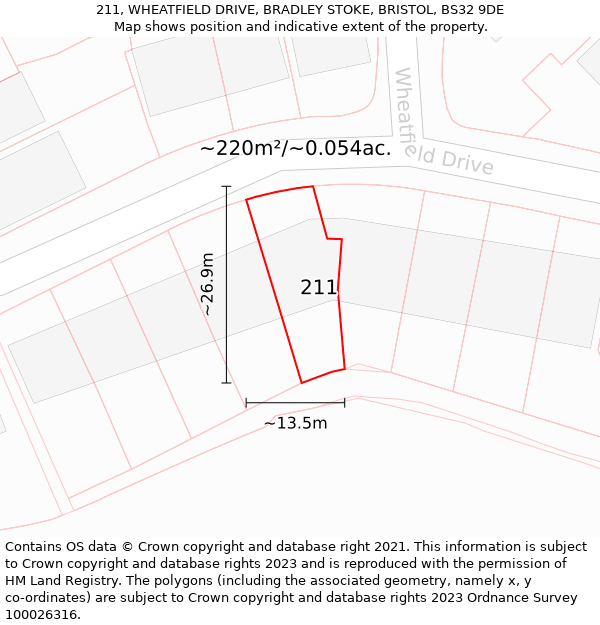 211, WHEATFIELD DRIVE, BRADLEY STOKE, BRISTOL, BS32 9DE: Plot and title map