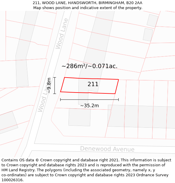 211, WOOD LANE, HANDSWORTH, BIRMINGHAM, B20 2AA: Plot and title map