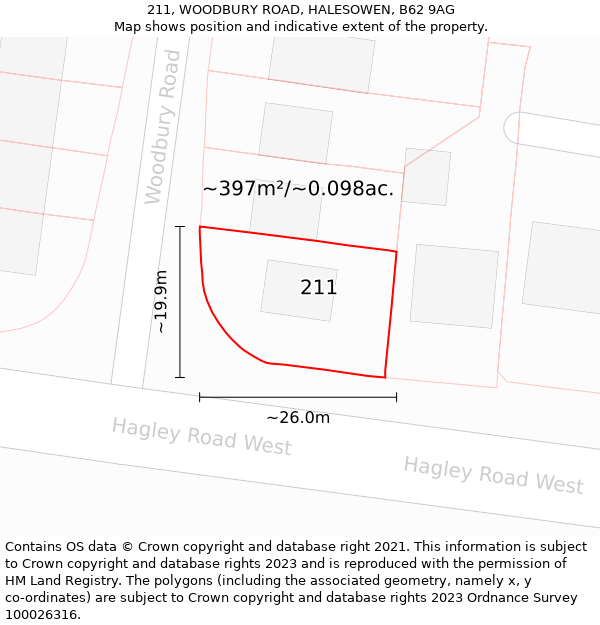 211, WOODBURY ROAD, HALESOWEN, B62 9AG: Plot and title map