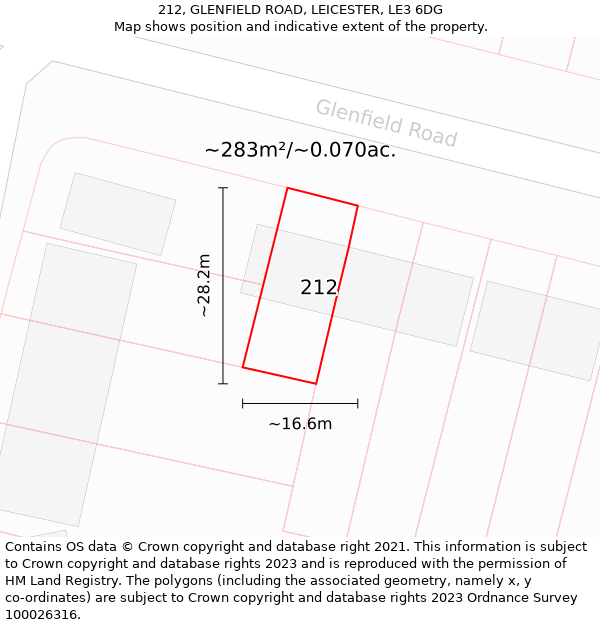 212, GLENFIELD ROAD, LEICESTER, LE3 6DG: Plot and title map