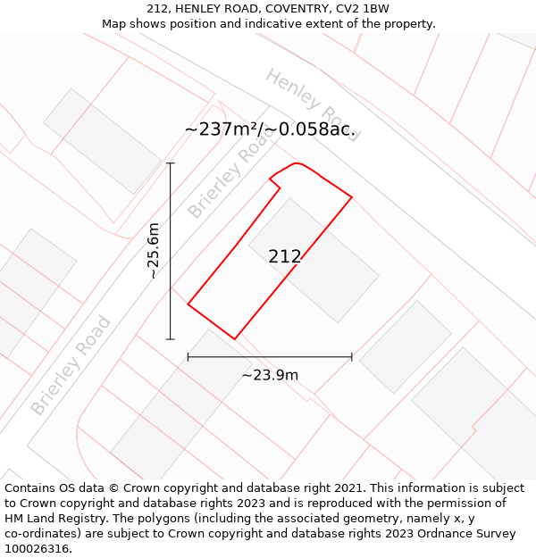 212, HENLEY ROAD, COVENTRY, CV2 1BW: Plot and title map