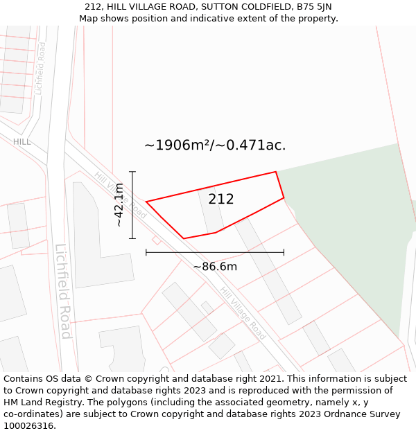 212, HILL VILLAGE ROAD, SUTTON COLDFIELD, B75 5JN: Plot and title map