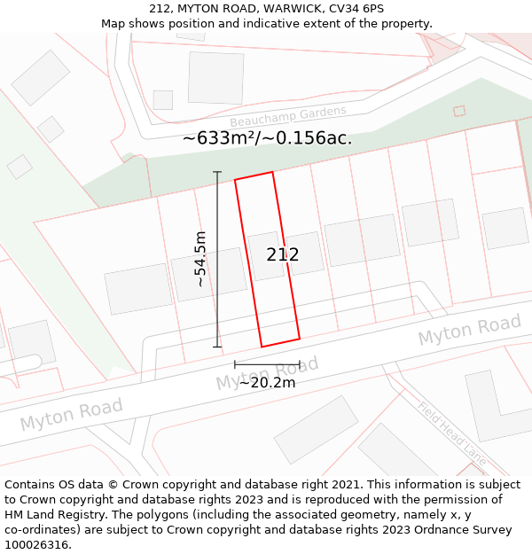 212, MYTON ROAD, WARWICK, CV34 6PS: Plot and title map