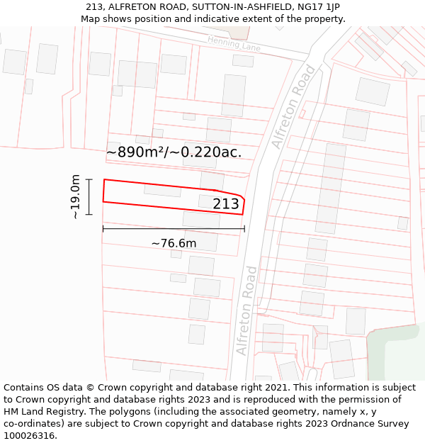 213, ALFRETON ROAD, SUTTON-IN-ASHFIELD, NG17 1JP: Plot and title map