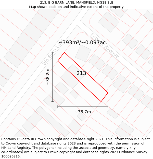 213, BIG BARN LANE, MANSFIELD, NG18 3LB: Plot and title map