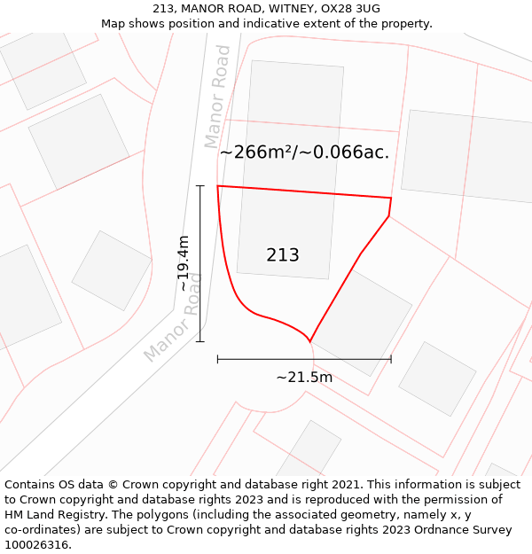 213, MANOR ROAD, WITNEY, OX28 3UG: Plot and title map