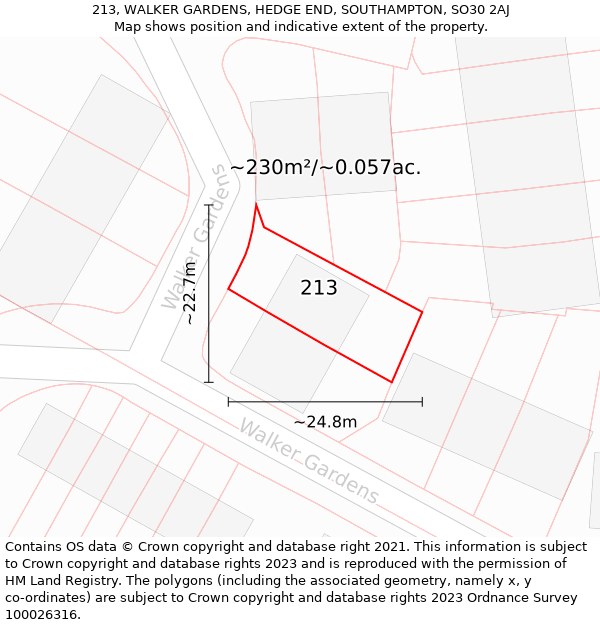 213, WALKER GARDENS, HEDGE END, SOUTHAMPTON, SO30 2AJ: Plot and title map