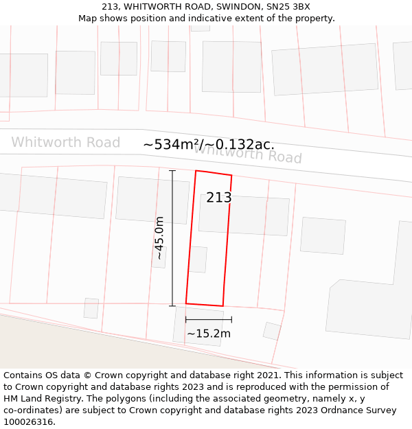 213, WHITWORTH ROAD, SWINDON, SN25 3BX: Plot and title map