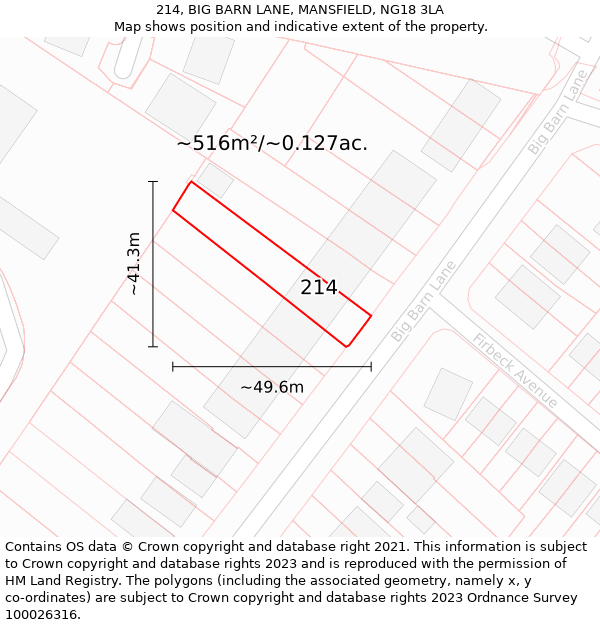 214, BIG BARN LANE, MANSFIELD, NG18 3LA: Plot and title map