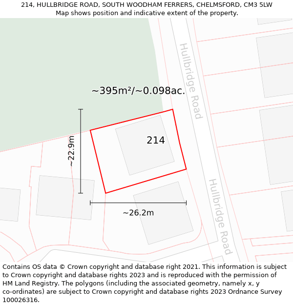 214, HULLBRIDGE ROAD, SOUTH WOODHAM FERRERS, CHELMSFORD, CM3 5LW: Plot and title map