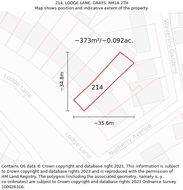 214, LODGE LANE, GRAYS, RM16 2TH: Plot and title map
