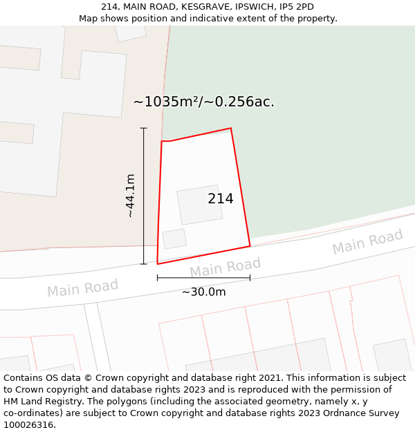 214, MAIN ROAD, KESGRAVE, IPSWICH, IP5 2PD: Plot and title map