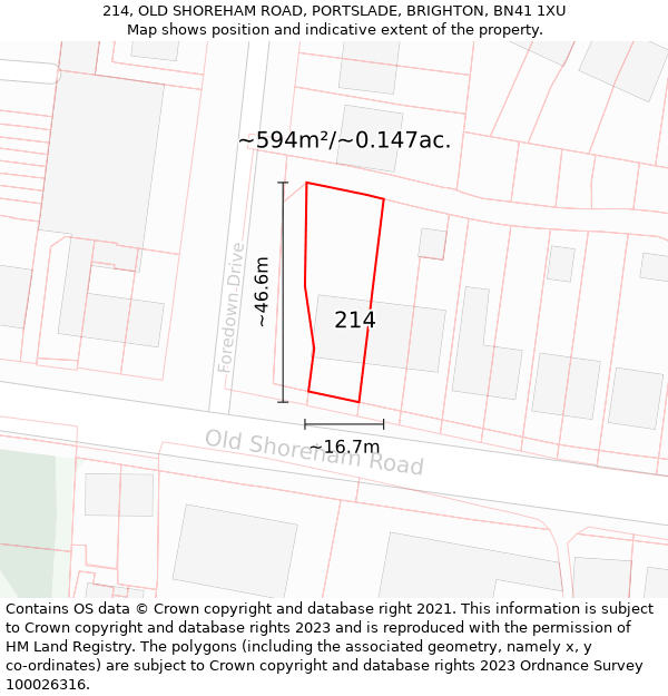 214, OLD SHOREHAM ROAD, PORTSLADE, BRIGHTON, BN41 1XU: Plot and title map