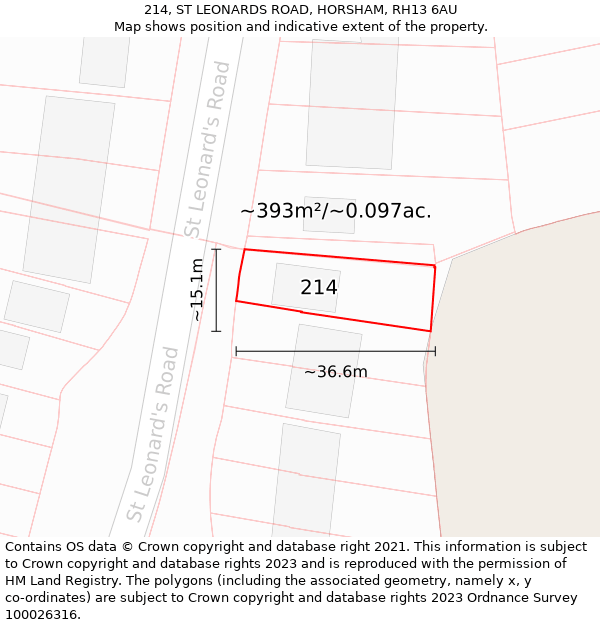 214, ST LEONARDS ROAD, HORSHAM, RH13 6AU: Plot and title map