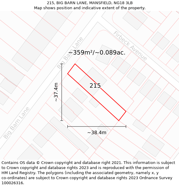 215, BIG BARN LANE, MANSFIELD, NG18 3LB: Plot and title map