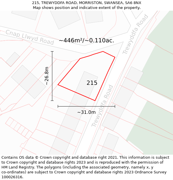 215, TREWYDDFA ROAD, MORRISTON, SWANSEA, SA6 8NX: Plot and title map