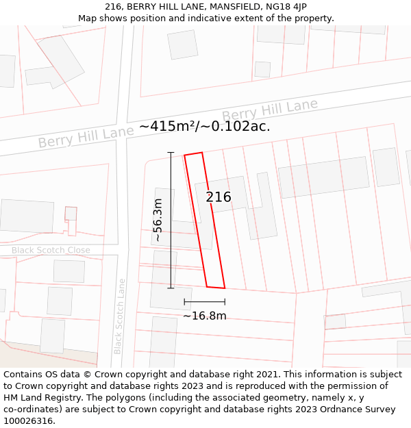 216, BERRY HILL LANE, MANSFIELD, NG18 4JP: Plot and title map