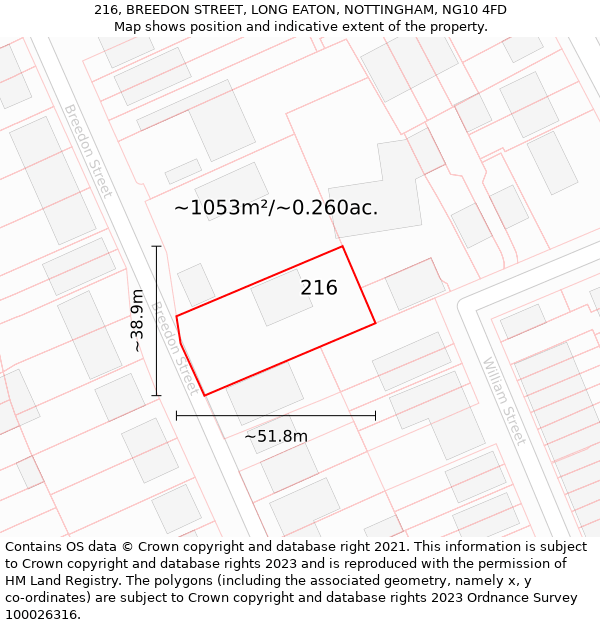 216, BREEDON STREET, LONG EATON, NOTTINGHAM, NG10 4FD: Plot and title map