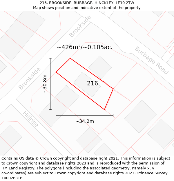 216, BROOKSIDE, BURBAGE, HINCKLEY, LE10 2TW: Plot and title map