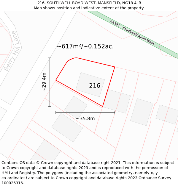 216, SOUTHWELL ROAD WEST, MANSFIELD, NG18 4LB: Plot and title map