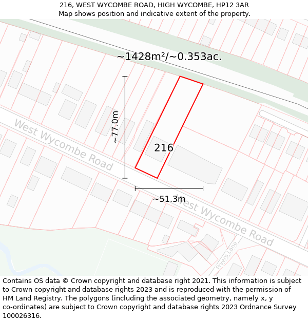 216, WEST WYCOMBE ROAD, HIGH WYCOMBE, HP12 3AR: Plot and title map